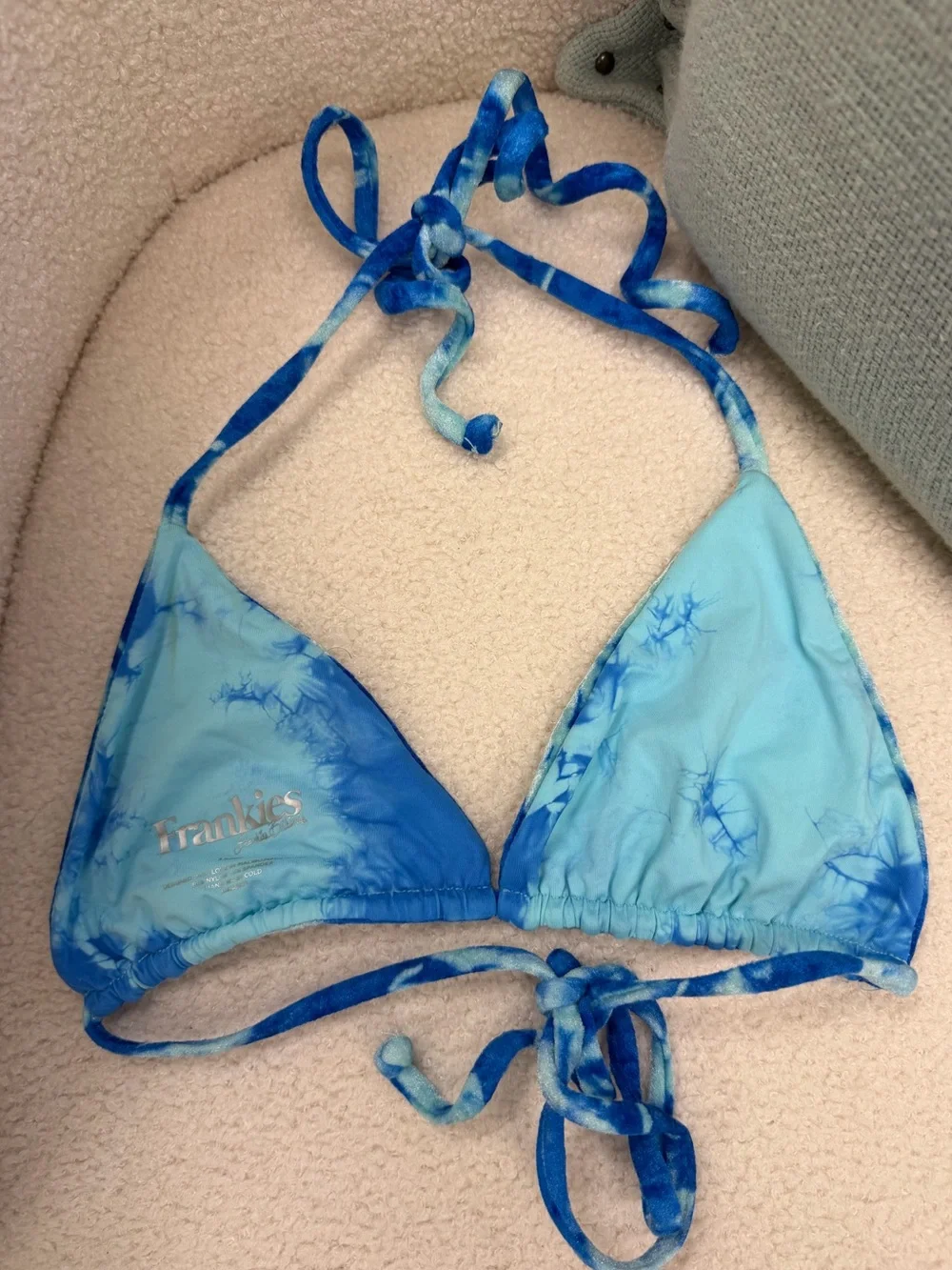 FRANKIES BIKINIS Nicola Top in Aqua Sz L EUC Velour Beach Pool Swim Tie Dye
